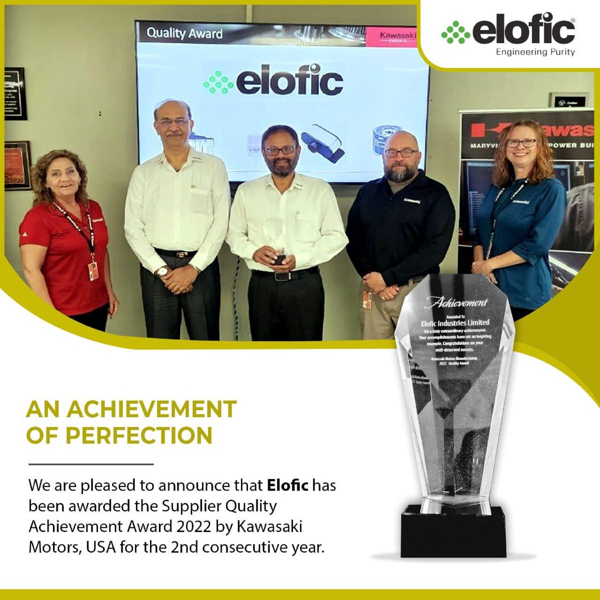 EloficLimited's tweet photo. Elofic bags the Supplier Quality Achievement Award by Kawasaki Motors, USA for the 2nd consecutive year.
.
.
.
#elofic #filter #automotive #Kawasaki https://t.co/TyKXdcKzsA