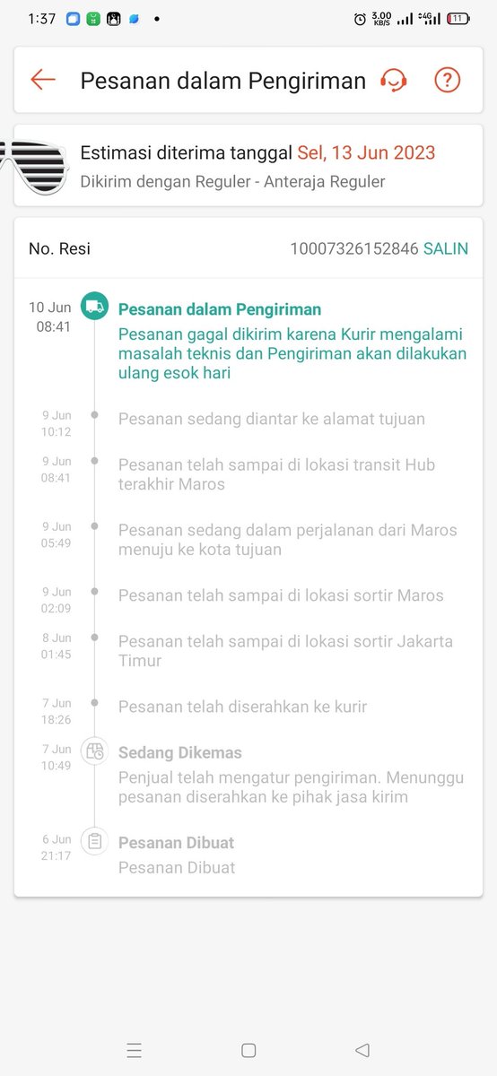 AnaaaSam's tweet photo. Selamat Siang @AnterajaCare

Bisa tolong di cek No. Resi ini 10007326152846 kak? Ini sudah dari tanggl 10 stuck terus tidak ada pengiriman ke lokasi tujuan. https://t.co/A9Fxzbnyyh