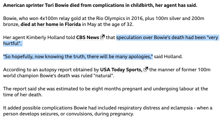 Just utterly heartbreaking that any woman and baby are dying in this way in 2023. I watched Tori Bowie win World 100m Gold in London in 2017, superstar.

We all know what speculation her agent is referring to. The heartache these people cause grieving families is disgusting.