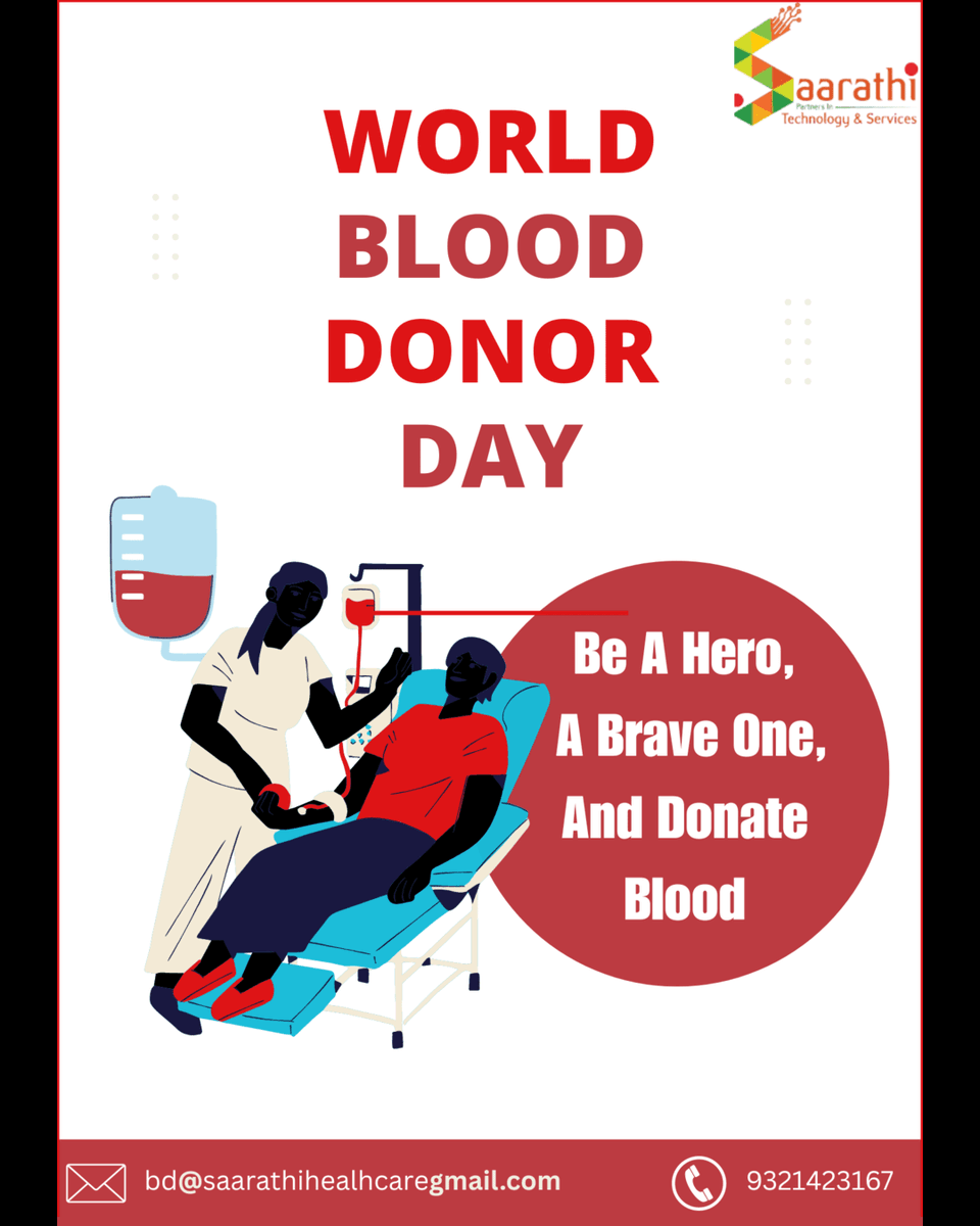 saarathihealth's tweet photo. Make a difference on World Blood Donor Day! Donate blood today to save a life.
Your compassion and humanity are very admirable. Donate blood, donate plasma, share life, and share frequently.
#worldblooddonorday2023  #DonateBlood #SaveLives  #beahero  #MakeADifference https://t.co/GRgxnvlD48