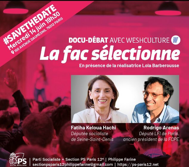 Docu-débat « La fac sélectionne » mercredi 14 juin 2023 à #paris12 avec les députés <a href="/KelouaF/">Fatiha Keloua Hachi</a> <a href="/arenasrodrigo_/">Rodrigo Arenas</a> et la réalisatrice @lola_brss <a href="/weshculture/">WESHCULTURE</a> 👇🏻

Projection &amp; débat ouvert à tous pour parler démocratisation et émancipation dans l’#ESR ✊🏻
#Parcoursup ⚠️