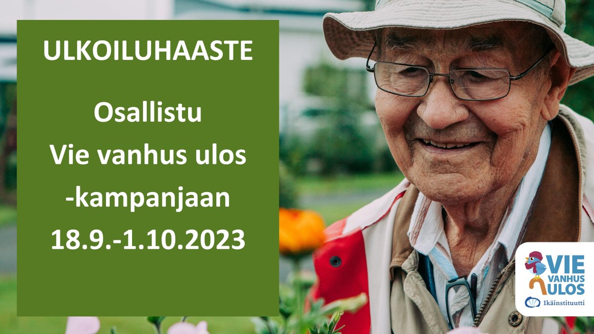 Haastamme PÄÄTTÄJÄT mukaan #VieVanhusUlos-kampanjaan 18.9.-1.10. Ulkoile iäkkään läheisesi tai hoivakodin asukkaan kanssa tai tarjoa työntekijöillesi mahdollisuus ulkoilla iäkkään kanssa työajalla. #kunnat #vanhusneuvostot #hyvinvointialueet #eduskunta vievanhusulos.fi