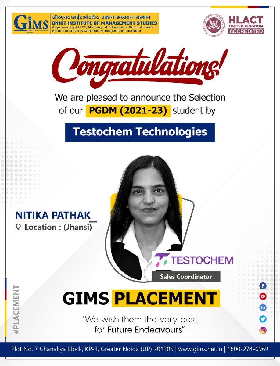 GNIOTCollege's tweet photo. To mark another Remarkable Achievement of GIMSians , GIMS, Greater Noida proudly announces the successful joining of our PGDM (2021-23) student Nitika Pathak. #Achievement #GIMS #GNIOT #Success #PGDM #Placement #RecentPlacement #TestochemTechnologies https://t.co/KZ7gp5lXTX