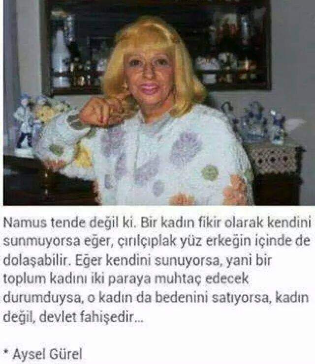 "Namus tende değil ki.
Bir kadın fikir olarak kendini sunmuyorsa eğer, çırılçıplak yüz erkeğin içinde de dolaşabilir. Eğer kendini sunuyorsa, yani bir toplum kadını iki paraya muhtaç edecek durumduysa..."
#AyselGürel #DeliAysel
#EdaEce
#MasterChef
#mabelmatiz
#ELLEStyleAwards2023