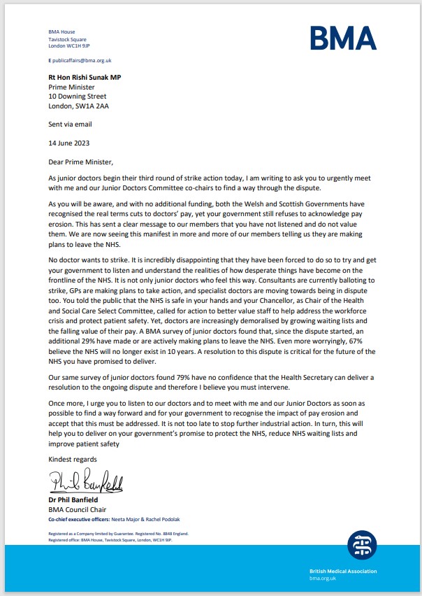 79% of Juniors in England have no confidence that the Health Secretary can deliver a resolution to the ongoing dispute. 

We have therefore written to <a href="/RishiSunak/">Rishi Sunak</a> to ask him to intervene and meet with us urgently to find a way through this. #DoctorsStrike

bma.org.uk/bma-media-cent…