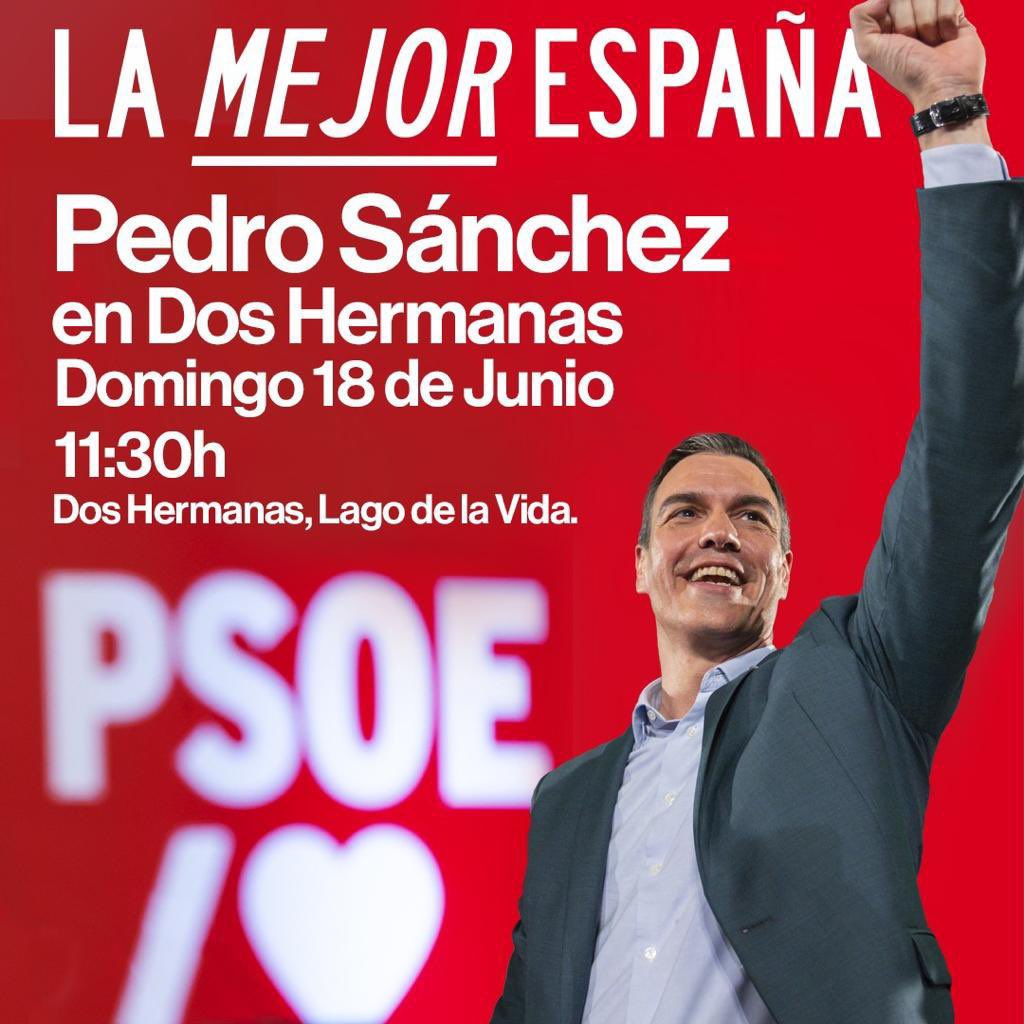 psoesvqcentro's tweet photo. El próximo #23J estamos llamad@s a construir #LaMejorEspaña.

👉🏼 Con derechos y libertades.
👉🏼 Con sanidad y educación públicas.
👉🏼 Con un Estado del Bienestar fuerte.

¡Te esperamos en #DosHermanas!

📆 Domingo 18 de junio.
⏰ 11:30
📍 Lago de la Vida

⏩️ Con @sanchezcastejon https://t.co/Ye8yXl4zmV