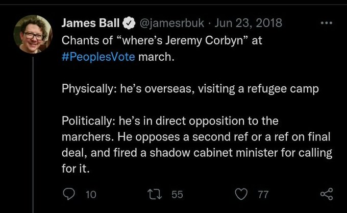 Why I hate 'centrists' more than I hate Tories in a single tweet.

In 2018, James Ball sneered at Corbyn for visiting a refugee camp instead of joining a #PeoplesVote protest.

Now, he supports a man who

a) refuses to join protests
b) endorses hard Brexit
c) scapegoats refugees