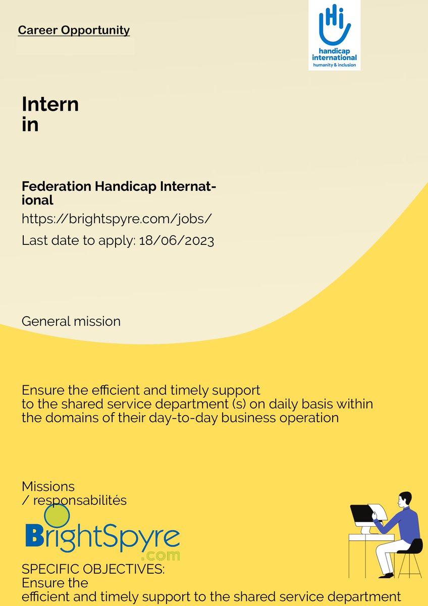 BrightSpyre's tweet photo. Federation Handicap International is Looking for Intern... Apply now: https://t.co/qYvxWxiOyn  
#BrightSpyre #Job https://t.co/VUS2FWTw0X