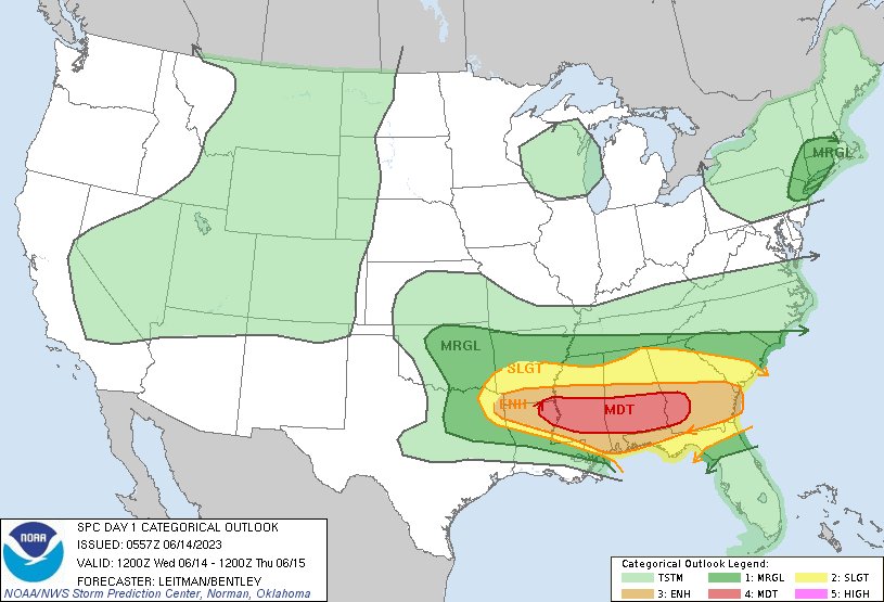 12:59am CDT #SPC Day1 Outlook Moderate Risk: from northeast Louisiana into central/southern Mississippi and Alabama, and southwest Georgia spc.noaa.gov/products/outlo…