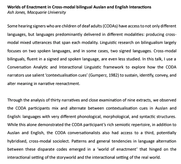 MQLinguistics's tweet photo. Next @MQLinguistics Research Seminar Series speaker is Ash Jones (@_ashleighjjones) on "Worlds of Enactment in Cross-modal bilingual Auslan and English Interactions". For more information please see > https://t.co/YtlOpWsl0a https://t.co/5SXLGWX6Am