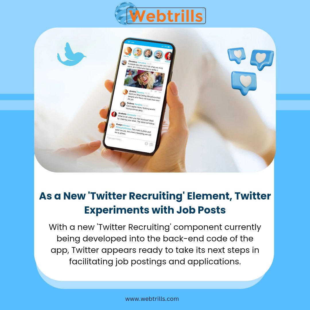 News Update 🔔📰🔔
.
Follow us for daily news updates and don't forget to contact us for any kind of IT Service.
+1.202.421-5747
webtrills.com
hello@webtrills.com
.
#webtrills #news #NewsUpdates #Twitter #recruitment #jobpost #twitterjobpost #itservices #itcompany