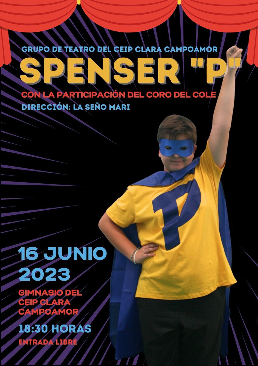 No te pierdas este viernes la obra de teatro SPENSER "P". A las 18:30 horas en el gimnasio del colegio. Entrada Libre.
<a href="/gabBBAAMalaga/">GabineteBBAAMalaga</a> <a href="/Malagaconvive/">Gabinete Convivencia e Igualdad</a> <a href="/EducaAnd/">Consejería Desarrollo Educativo y FP</a>