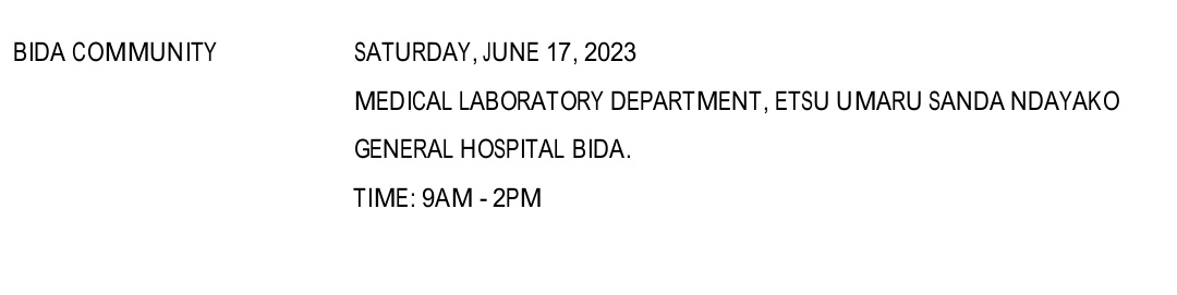 My Bida people, we are coming!

Keep a date with us @ General Hospital Bida for you FREE Hepatitis B test this Saturday! 

See you soon!
#GetTested #KnowYourHepatitisBStatus
#vaccinesWork
#CureWithCare