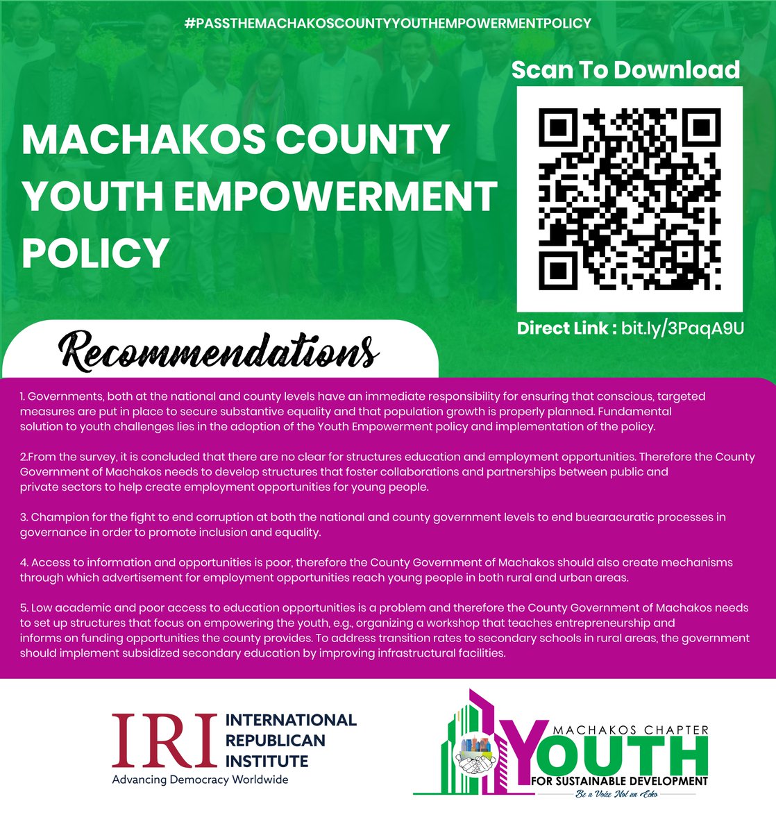 From the Participatory Action Research conducted by International Republican Institute (IRI) Machakos cohort Members and Youth for Sustainable Development, it was concluded that there are no
clear structures that prioritize education and employment opportunities for young people.
