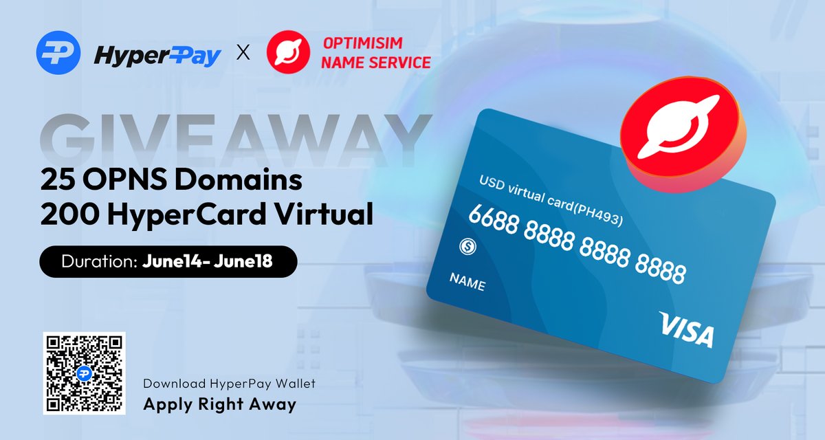 Hpx_Official's tweet photo. 📢Join the exciting #HyperPay &amp; @OPNSdomains #Giveaway through @TaskOnCampaigns 🎉🚀🔥

🎁25 OPNS Domains from @OPNSdomains
💳200 #HyperCard Virtual from @Hyperpay_tech

Click to participate: https://t.co/5QcmkBapwd

⏲️ 5 DAYS
#CRYPTOCARDS #Airdrop #Giveaways #TaskOn https://t.co/IsnbeTXaiv