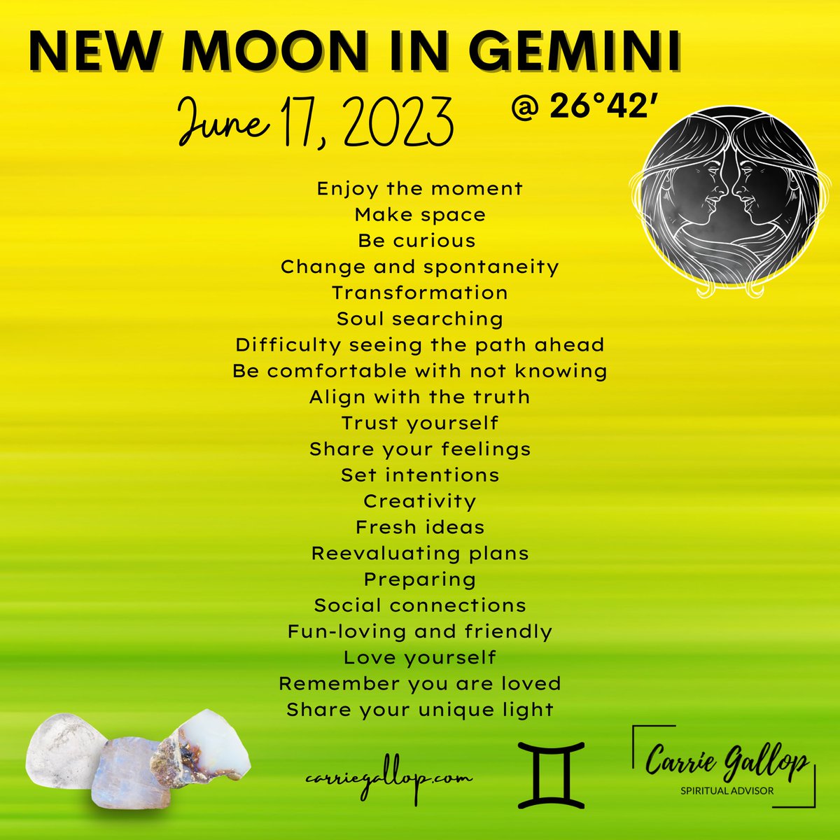 Get out there and live a life you love. Experience the pleasure, abundance, and wonder that life has to offer. Set your intentions to bring in even more greatness and joy.

Have a beautiful New Moon! 🌑👯‍♀️🪞

#NewMoon #Moon #Gemini #Astrology #Energy #Twins #Enjoy #Joy #MakeSpace