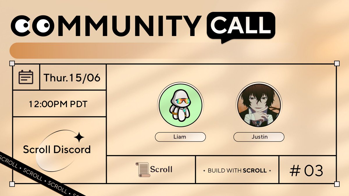 gm, mark your calendars 📅

In this week's community call, <a href="/daddysether/">liam</a> and @0xDamu will be discussing a range of topics, including some of our latest Alpha UI updates that make interacting with Scroll smoother than ever.

Join us in Discord:
discord.gg/scroll