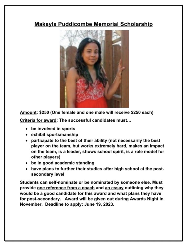 💕Makayla Puddicombe Memorial Scholarship💕

Due June 19th in person or by email to Ms. Walsh or Ms. Hancock. 

<a href="/QEPioneers/">Queen Elizabeth Regional High School</a>
