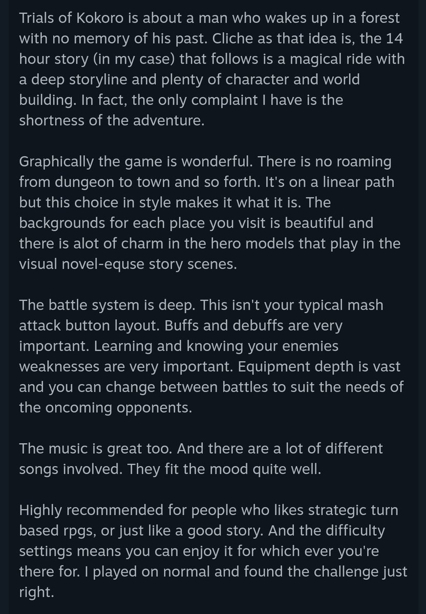 Hello everyone. I wanted to share the latest review for Trials of Kokoro. I'm really happy this player enjoyed the game, and left this feedback.

Please wishlist the game on Steam. It'd really help!

#RPG #indiegames #JRPG #indiedev #gaming #visualnovel #indiegamedev #gamedev