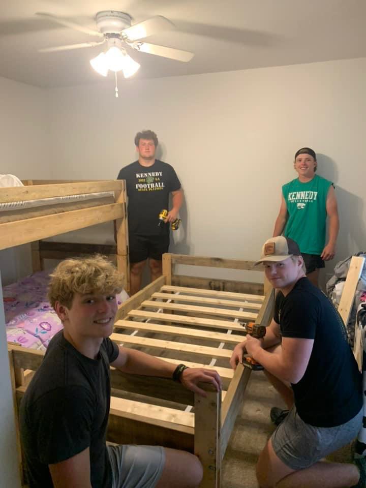Kennedy Football players out tonight installing beds in homes of the less fortunate. Sleep In Heavenly Peace-Linn Co, Iowa- “no kid sleeps on the floor in our town” - Family