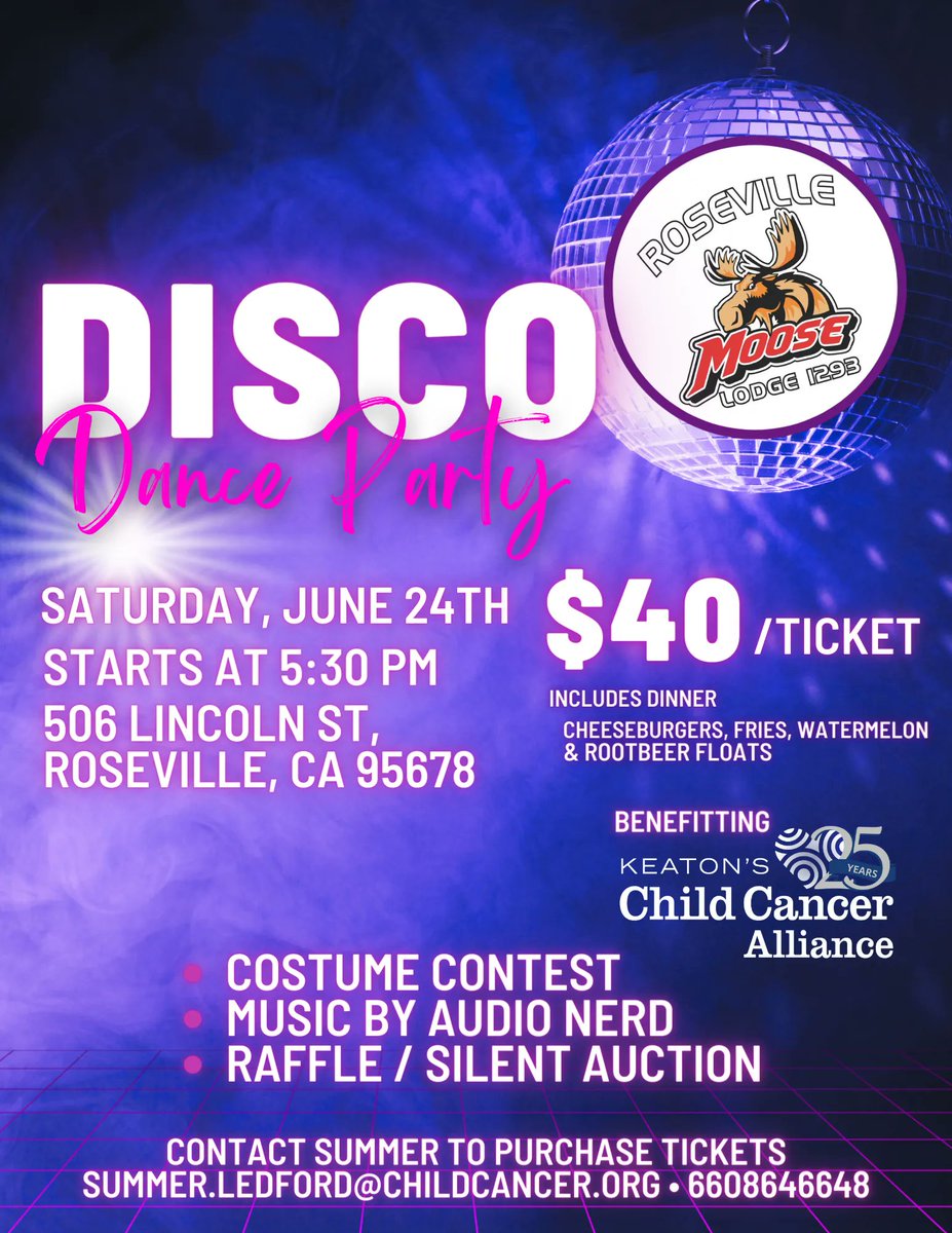 Keatons Child Cancer Alliance (@keatonscca) on Twitter photo Get groovy at the Roseville Moose Lodge's Disco Dance Party benefiting Keaton's, Saturday, June 24th, 5:30 pm. Tickets are only $40 and includes dinner. Contact Summer Ledford at 660-864-6648 or email her at Summer.Ledford@ChildCancer.org.
#Keatons | #ChildCancerSupport Get groovy at the Roseville Moose Lodge's Disco Dance Party benefiting Keaton's, Saturday, June 24th, 5:30 pm. Tickets are only $40 and includes dinner. Contact Summer Ledford at 660-864-6648 or email her at Summer.Ledford@ChildCancer.org.
#Keatons | #ChildCancerSupport
