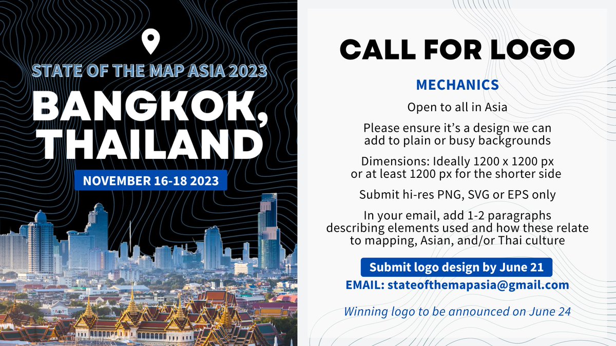 #SotMAsia2023| CALL FOR LOGO

Now that we've announced our host country, we are pleased to announce the mechanics for our open call for logos!

We will accept entries from anyone in Asia. Please submit your entries to stateofthemapasia@gmail.com by June 21, 2023.