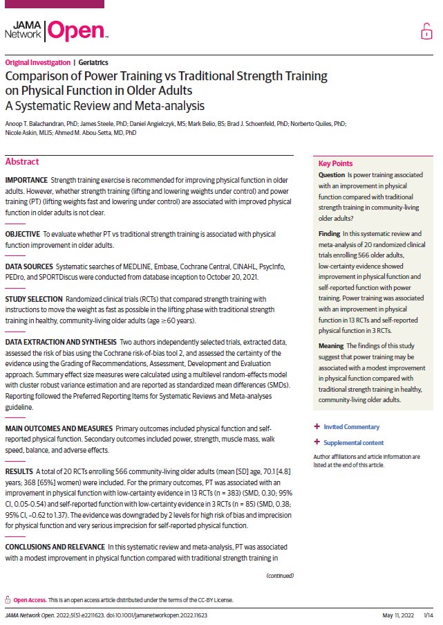 Muscle power: arguably our most critical physical capacity as we age.

With aging, power declines faster than strength and is more closely associated with physical function and adverse outcomes.

This meta-analysis found resistance training with fast velocities (or “power