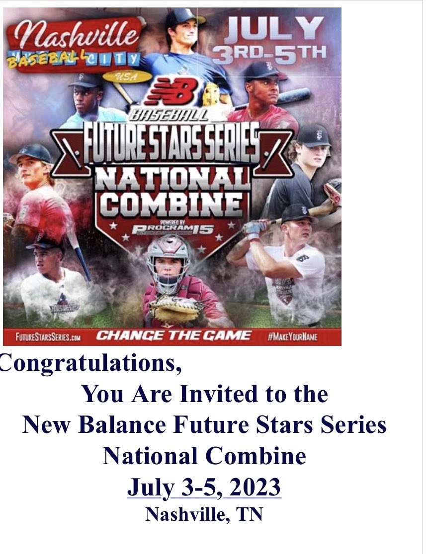 Thank you for the invite and the opportunity! Excited to be invited to the New Balance Future Star Series National Combine in Nashville, TN <a href="/ftrstarsseries/">New Balance 𝗙𝘂𝘁𝘂𝗿𝗲 𝗦𝘁𝗮𝗿𝘀 𝗦𝗲𝗿𝗶𝗲𝘀</a> <a href="/CanesFla/">Canes Florida</a> 
<a href="/TCTorosBaseball/">Tocoi Creek Baseball</a> <a href="/Pwisser27/">Phillip Wisser</a>