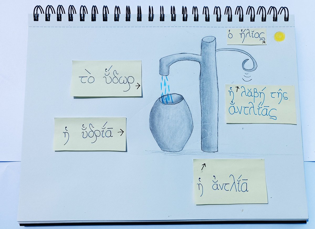 Valerius_de_Hib's tweet photo. I am doing Alpha With Angela, which is a free video series on New Testament Koine Greek.

I drew this water jar and water pump with pencils.

We are introduced to the item of vocabulary: «ἡ ῠ̔δρῐ́ᾱ» or, transliterated: ‘hē hŭdrĭ́ā’, which means ‘the water jar’.

#greek https://t.co/LJ4QGHJZoM