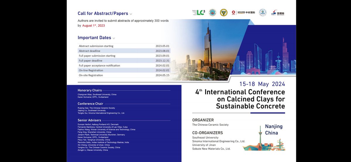 ecosolutions7's tweet image. The 4th International Conference on Calcined Clays for Sustainable Concrete will take place 15-18 May 2024 in Nanjing, People&apos;s Republic of China. 
More information: lnkd.in/ep-z2Qak

#LC3 #conference #ecosolutions #sustainable #concrete