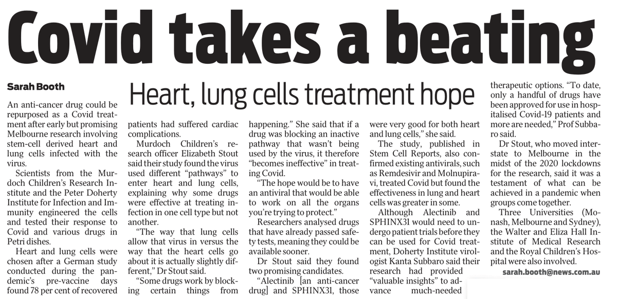 Murdoch Children's Dr Beth Stout and her team have studied how to best protect the #heart and #lungs from #COVID19, testing different treatments on #stemcells. She spoke to @theheraldsun about the #research | @Ethbey @TheDohertyInst 
✍️@sarahbooth_14