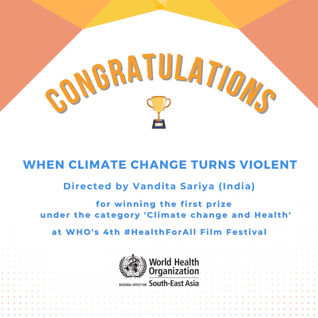 🏆 Winner of the 4th #HealthForAll Film Festival 🏆
The special prize for a film about #ClimateChange & Health is attributed to the #Film4Health animation
“When climate change turns violent” by Vandita Sariya from #India 🇮🇳
#currentaffairs #UPSC #SSC #banking #UPSCResults