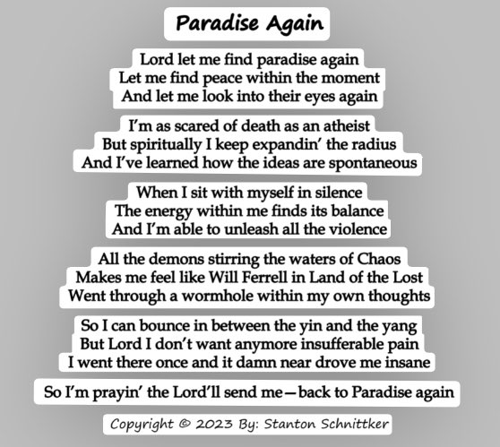 Paradise Again
Daily Post #379

-

#Paradise #mentalhealth #selfhelp #art #artist #writer #writing #poetry #poet #poets #poem #poems #FYP #fypage #fypシ #fypシviral #foryou #foryoupage #foryourpage #silence #Balance #chaos #willferrell #Atheism #athiest #SPIRITUAL #PoemADay