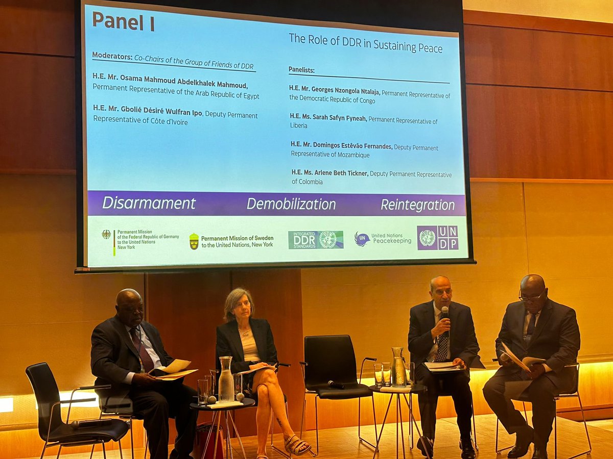 Grateful to the PRs of Germany &amp; Sweden for hosting the High Level Event on Integrated #DDR, where I moderated a panel on the future for integrated DDR.

I focused on the role of DDR programming in support of political processes. I also highlighted the increasing complexity of