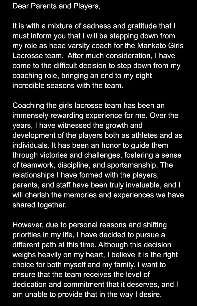 KatoGLAX's tweet photo. Coach Sletten decided to step down after being at the helm for the past eight seasons as head coach for Mankato Girls Lacrosse. See the letter below from Coach Sletten for additional info. https://t.co/fBG5MWino3