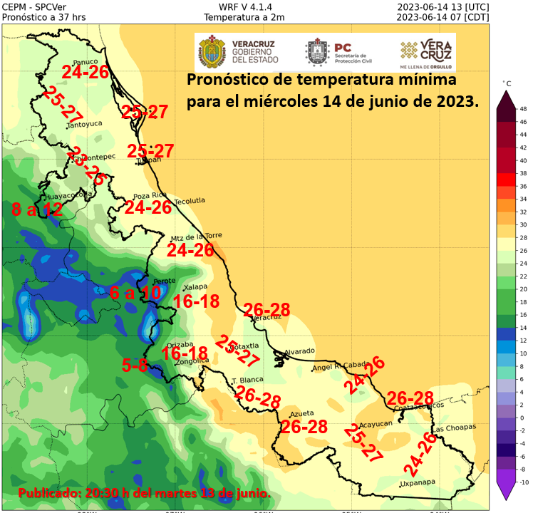 spcver's tweet photo. 🌡️Amigas y amigos aquí el pronóstico de temperaturas mínimas para mañana miércoles 14 de junio. El bochorno ya se sentirá desde las primeras horas de la mañana. 👇 https://t.co/5XfXXiMHMn