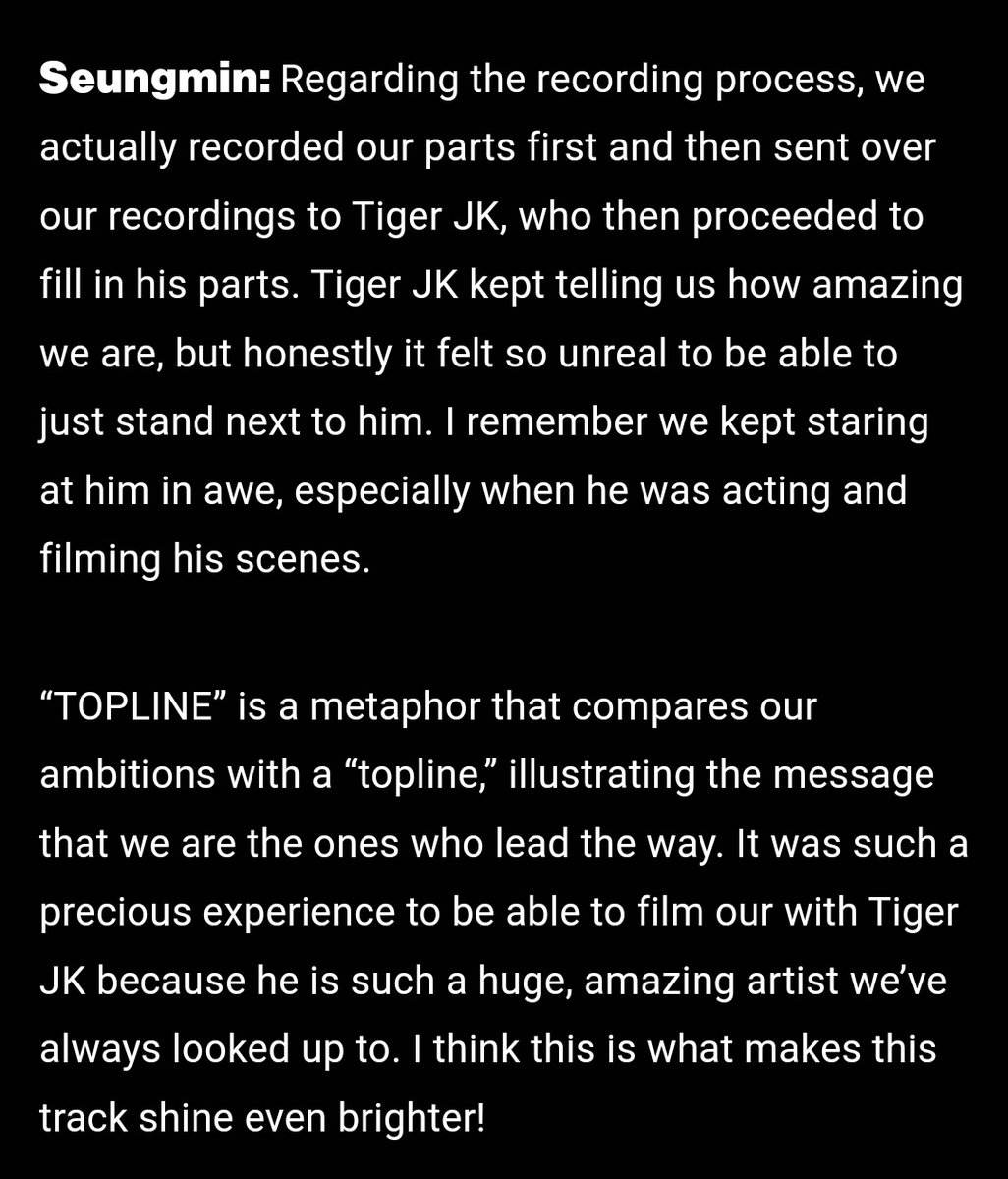 seungmin: 'tiger jk kept telling us how amazing we are, but honestly it felt so unreal to be able to just stand next to him. I remember we kept staring at him in awe, especially when he was acting and filming his scenes' 🥹