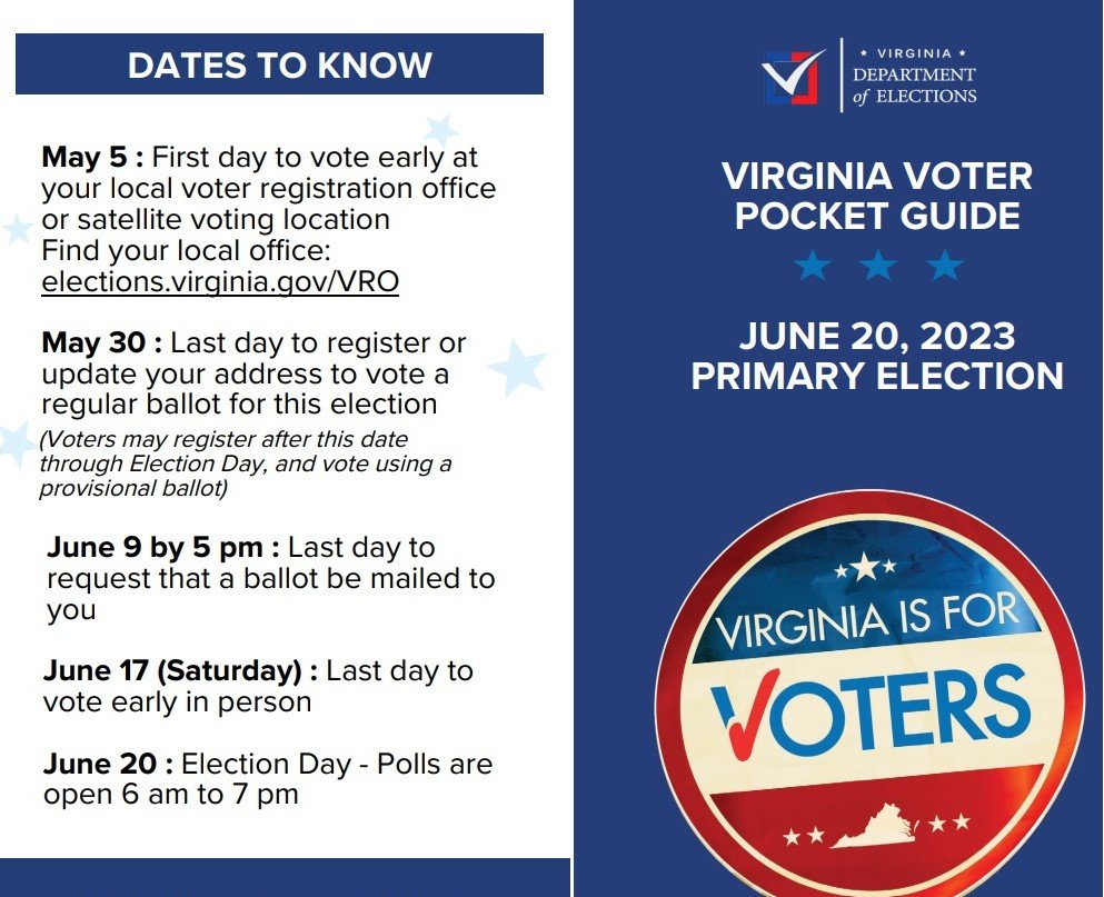 Reminder to #Virginia #Voters the last day to #EarlyVote in person is Saturday June 17.  
Get out, bring your friends and get your vote in!
Election day is Tuesday June 20th. #VoteBlue #VoteBlueEveryElection #VoteBlueToProtectWomen #VoteBlueToProtectDemocracy #WeWillWin