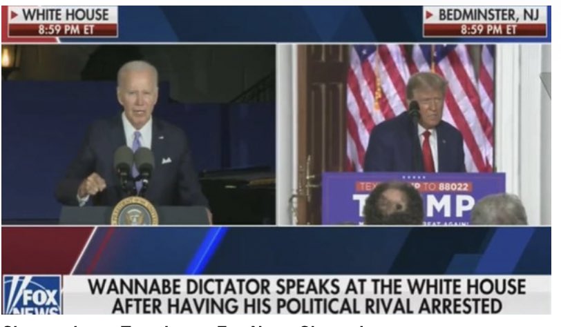 This Fox News Chyron is a dangerous lie.  To tell Fox viewers that President Biden personally had Donald Trump arrested is a very dangerous game they’re playing.  I guess they learned nothing from having to pay Dominion 700+ million dollars.
