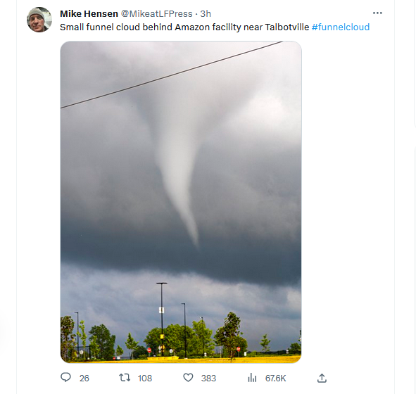 A funnel cloud and related damage were reported at Talbotville between London and St. Thomas, ON this evening. A preliminary NTP damage survey identified a narrow path of EF0 damage (building, trees). 

An NTP team will investigate this tornado event further tomorrow. #ONStorm