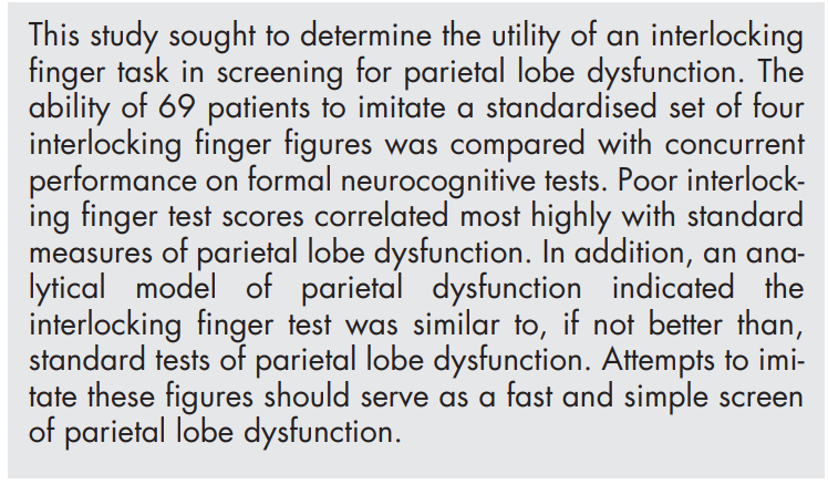Interlocking finger test: a bedside screen for parietal lobe dysfunction. 🤓
👐🤟✌️👌
      🧠🧠
            💊🩺

#Neurology 
   #MedEd  
      #Neurotwitter 

Probable cognitive functions tested: limb praxis, optic praxis, visual-spatial, and visuoconstructional skills.
🥸