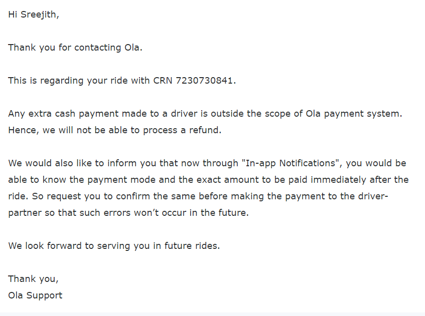 SREEJITH4596's tweet photo. @ola_supports @Olacabs @Olacabs @ola_supports, yet again the same response from your team. Please look at the number of times Ola has shared the same response without looking into my actual concern. This is my last attempt. I paid my bill in cash to the driver as he insisted. I can't pay the same again https://t.co/AQlpp7qCEd