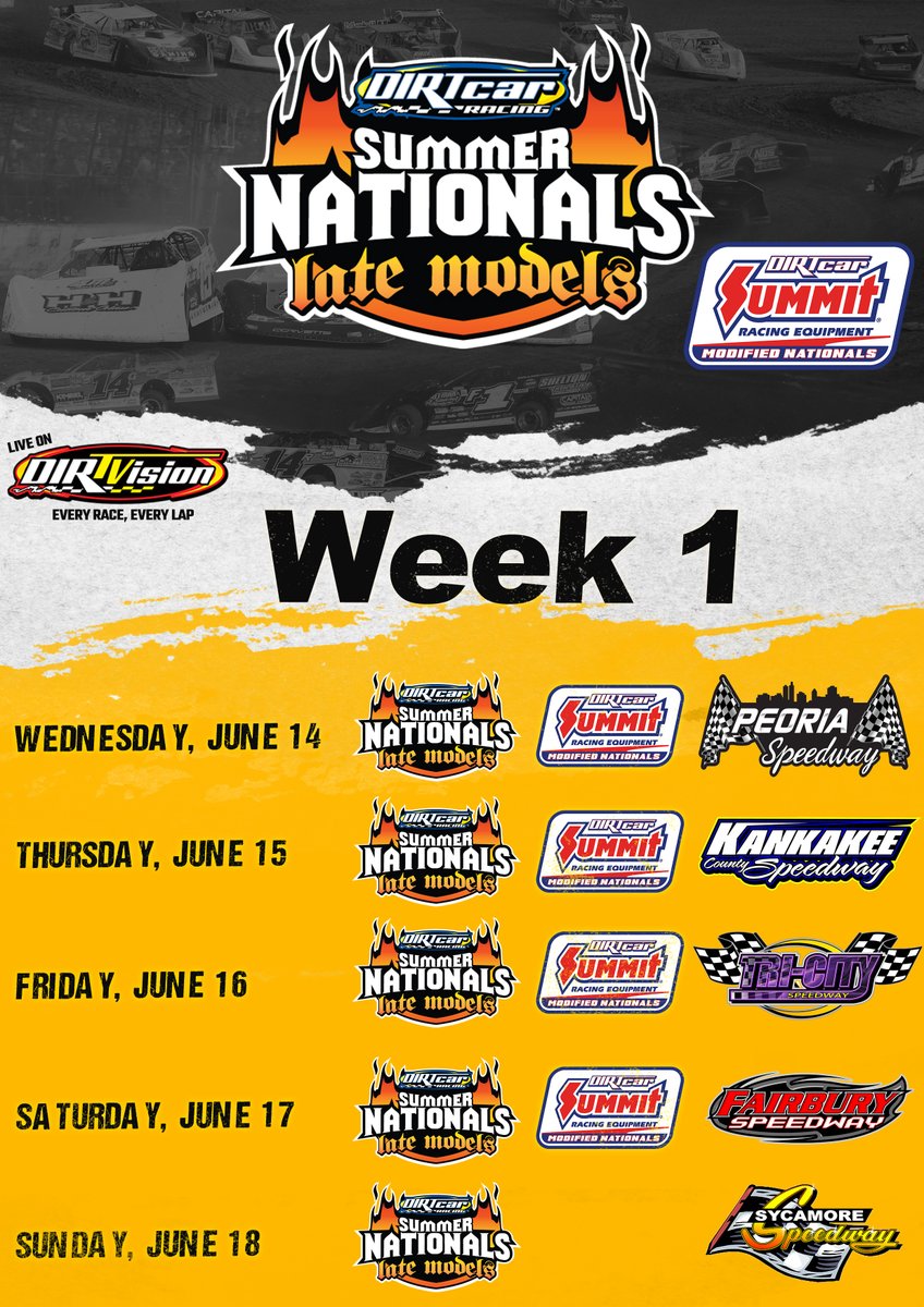 Tomorrow, 𝐰𝐞 𝐫𝐚𝐜𝐞. @PeoriaSpeedway gets the summer started with the season opener. 🔥 Don't miss a moment of Week #1 of the 38th annual DIRTcar Summer Nationals. Buy a ticket at the gate to your favorite track or stream every lap live on @DIRTVision.
