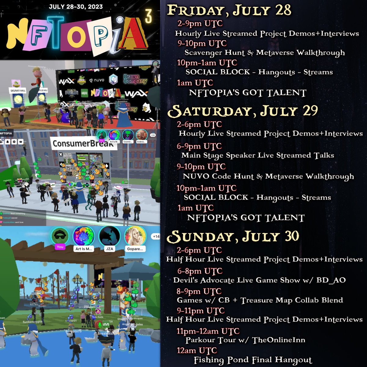 ✨#WAXFAM: NFTOPIA3 virtual convention celebrating #NFTs is July 28-30!

PLEASE JOIN US! RSVP bit.ly/nftopia3

Exhibitor booth packages w/ affordable options &amp; EARLY BIRD SALE! nftopia.weebly.com/exhibitors  

First come first serve AMA streams &amp; <a href="/WAX_io/">WAX</a> community collab blend!
