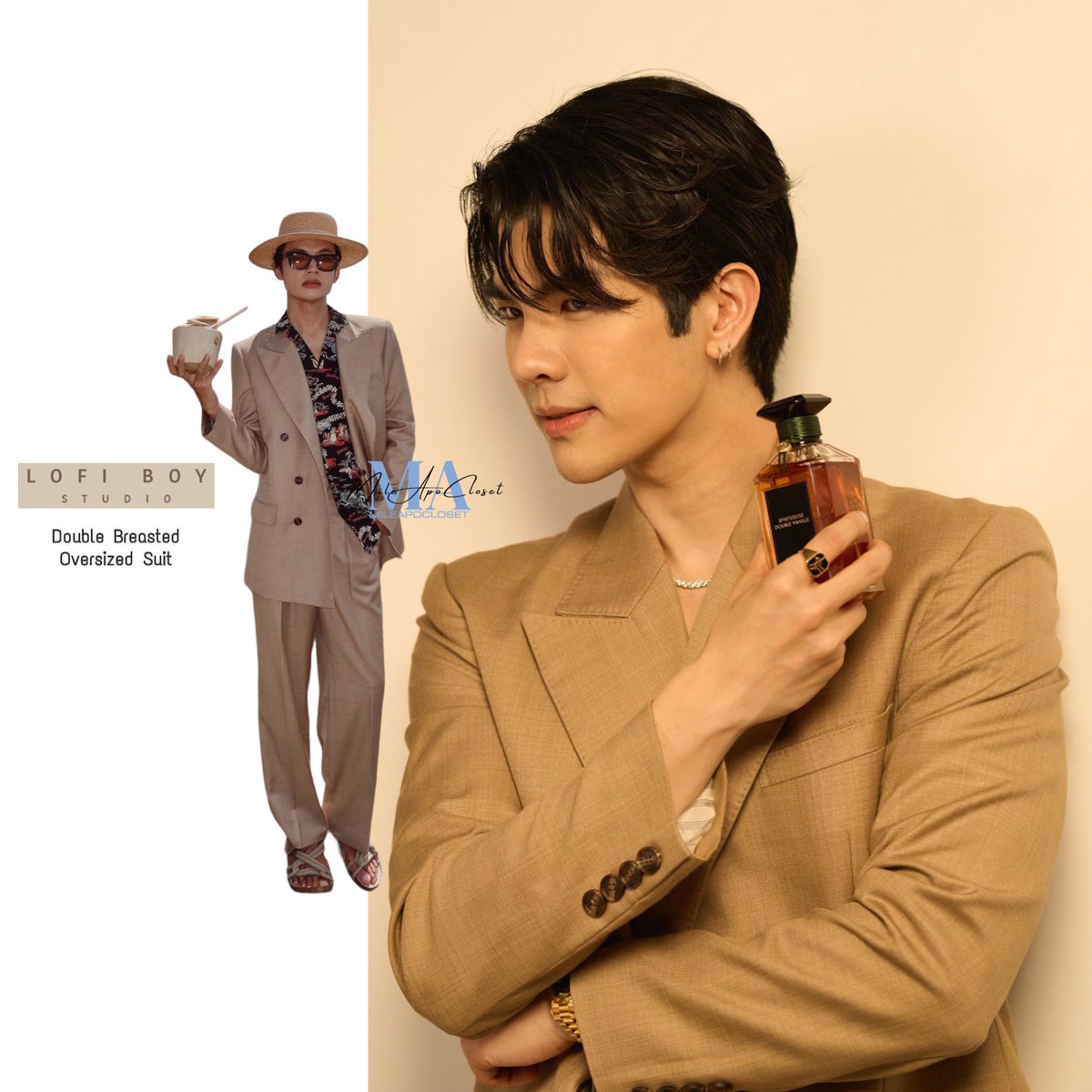 For this pictorial look, #MilePhakphum was wearing LofiBoy oversize double breasted suit in tan color.

It’s Lofi’s signature look, with six buttons double breasted blazer and breezy pants in linen.

#GuerlainTHxMile
#mileapocloset