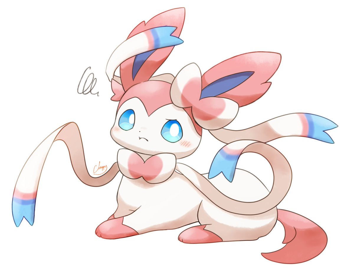 sylveon no humans pokemon (creature) solo squiggle closed mouth blue eyes white background  illustration images