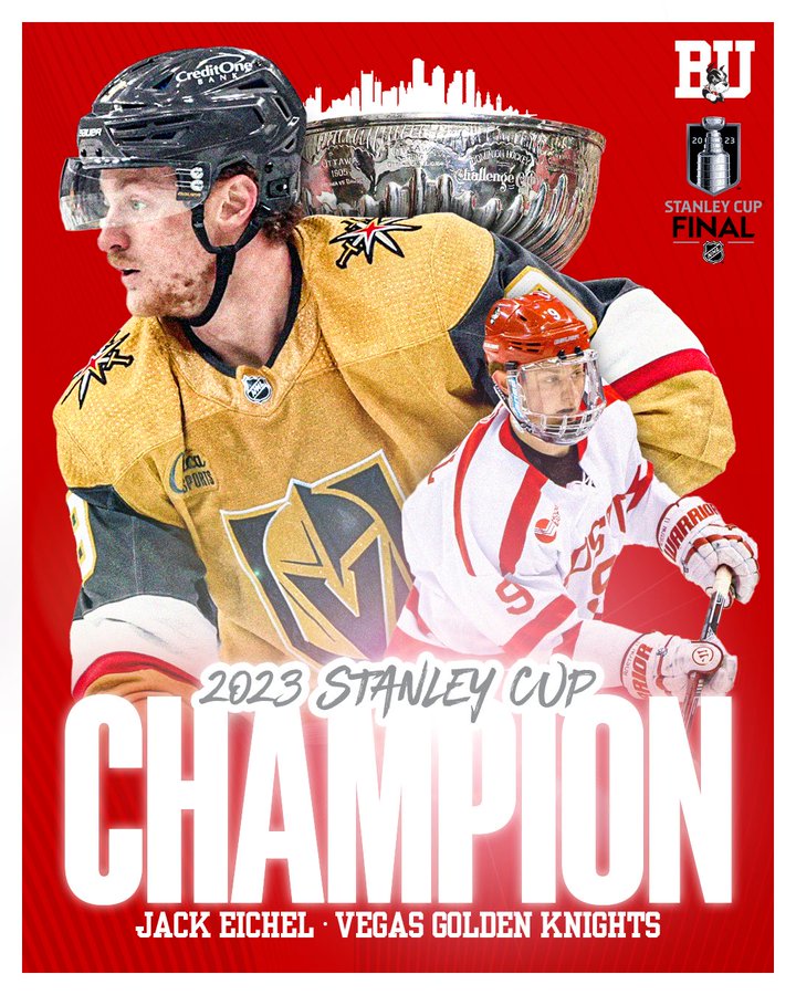 Graphic featuring photos of 2023 Stanley Cup Jack Eichel as a player for both Vegas and BU.