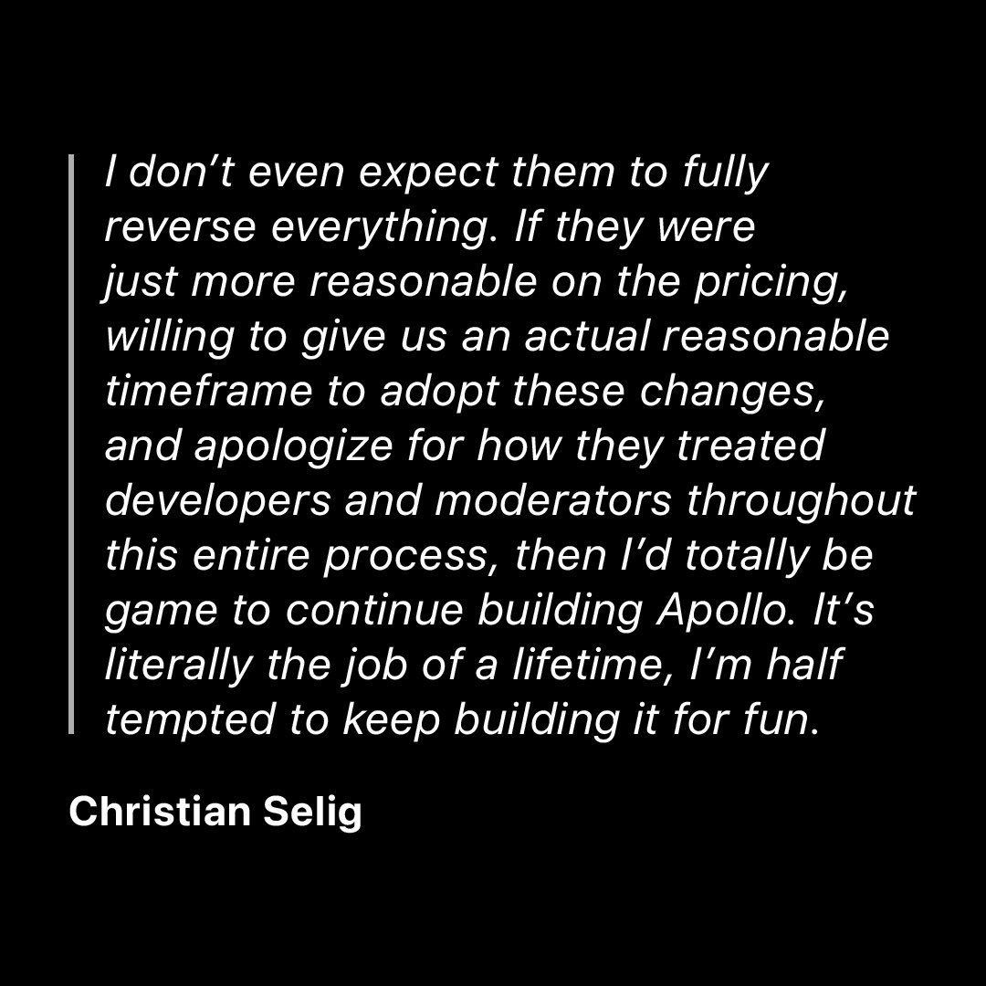 iPhoneiOSHub's tweet photo. This message from @ChristianSelig about sums up what we ALL want.

We aren’t expecting Reddit to completely roll-back their new policy. We just want more reasonable pricing and a better timeline that actually means third-party developers have reasonable time to adapt their apps. https://t.co/iNqLyWML0B