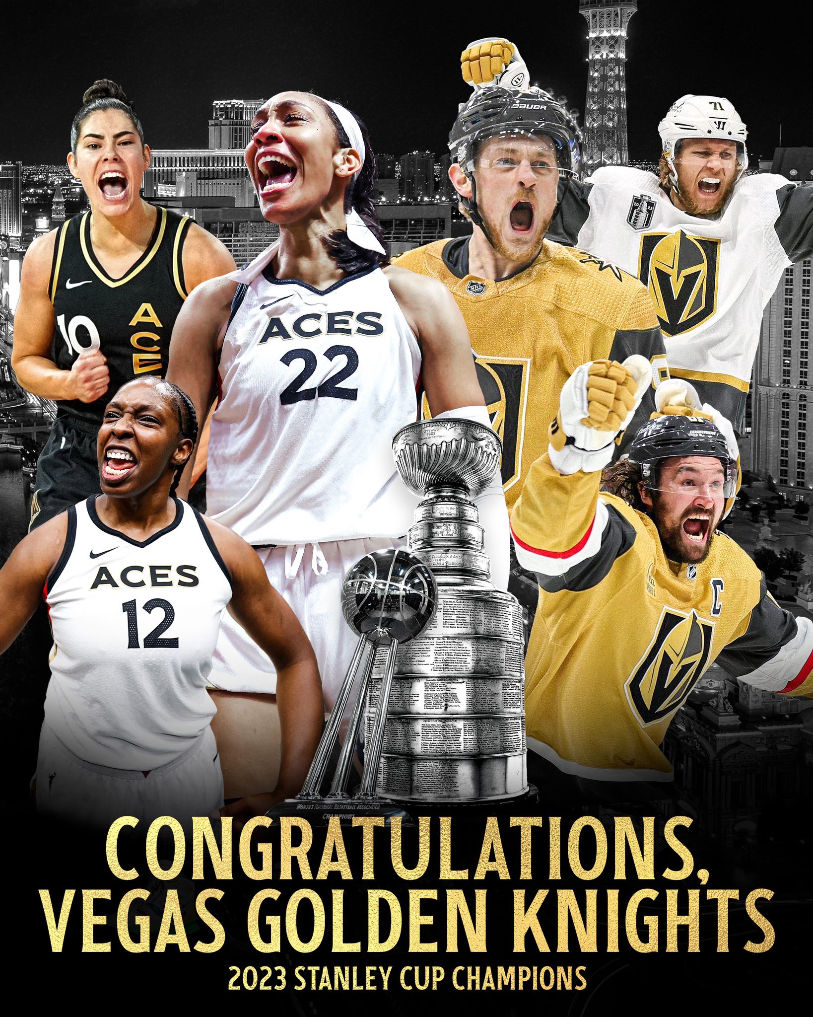 Graphic congratulating the Golden Knights on winning the Stanley Cup featuring images of the Aces and Knights.