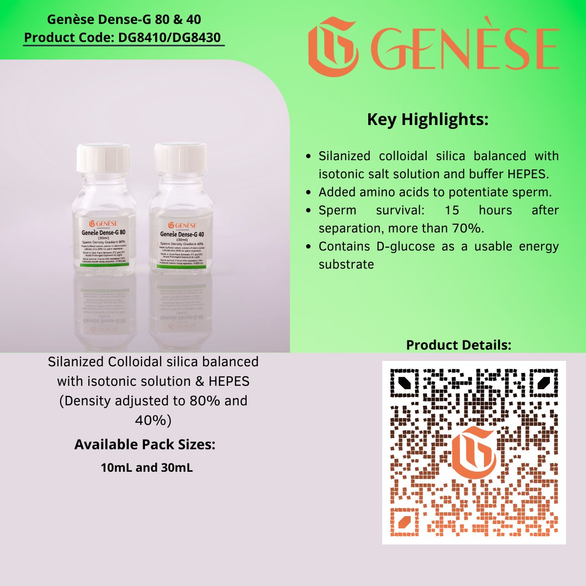 genesebiotique.com

Genèse Dense-G 80 & 40
Sperm Separation Density Gradient -80% & 40%
Silanized Colloidal silica balanced with isotonic solution & HEPES. (Density adjusted to 80% and 40%)

#ivfcentre #ivfsuccess #ivfjourney #ivfclinic #ivfsupport #ivfcommunity